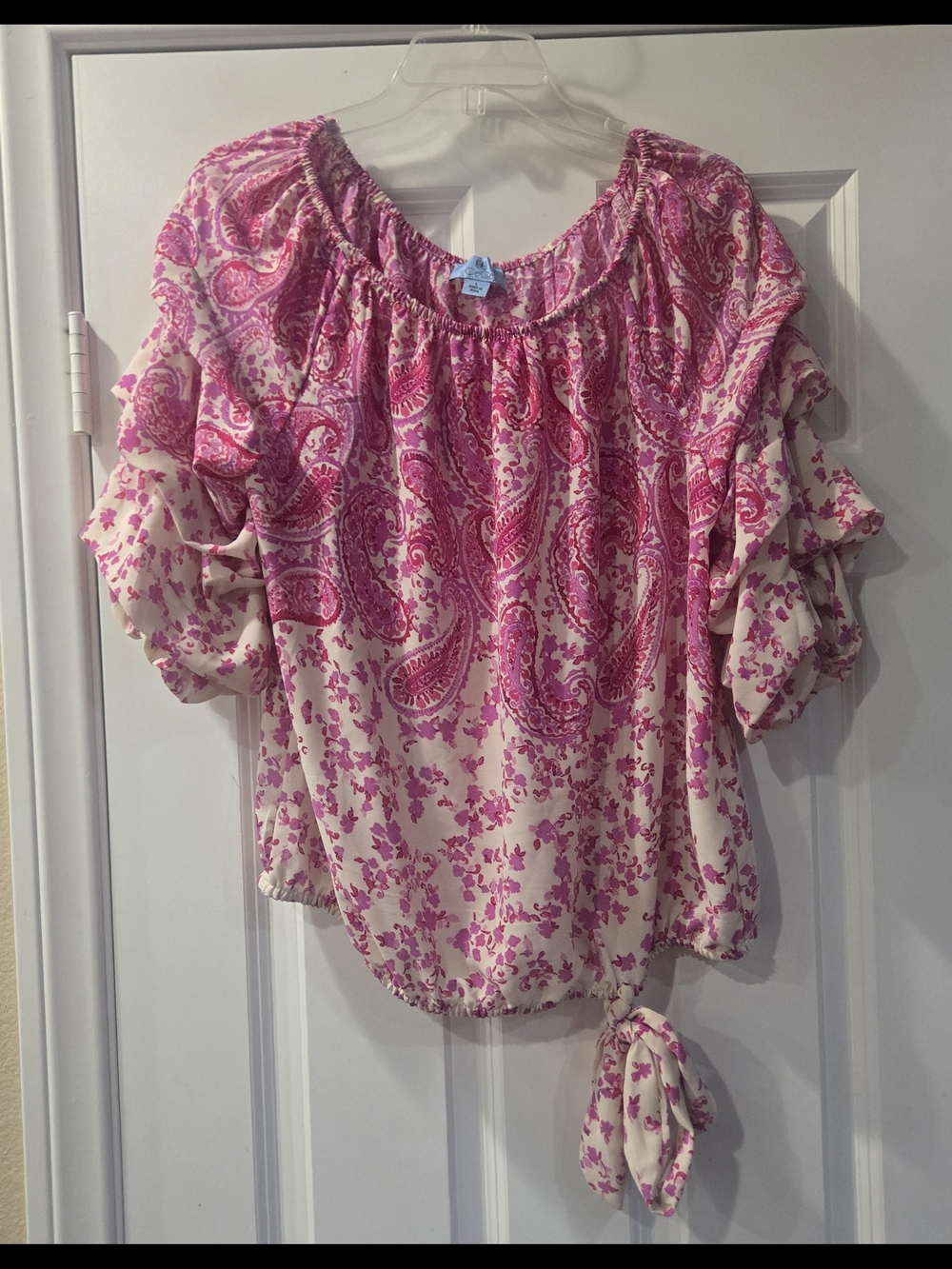 CeCe Pink Paisley Tie-Hem Boho Peasant Blouse
